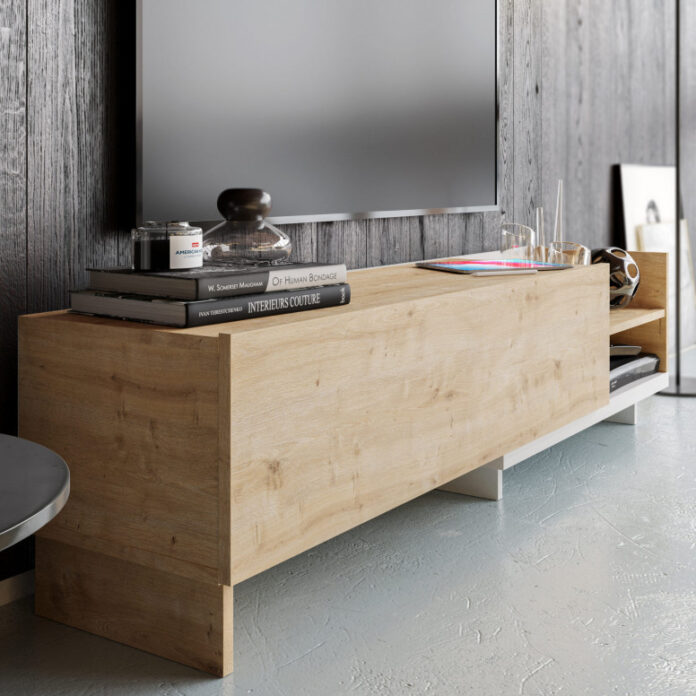 Comoda TV Salvador, Model Parion, 165x41x35 cm, Alb/Stejar safir Comoda TV Salvador, Model Parion, 165x41x35 cm, Alb/Stejar safir
