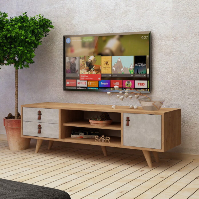 Comoda TV Salvador, Model Seva, 120x53x40 cm, Stejar/Gri Comoda TV Salvador, Model Seva, 120x53x40 cm, Stejar/Gri