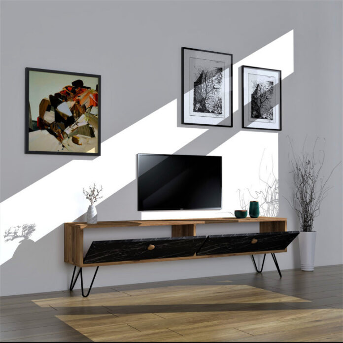 Comoda TV Salvador, Model Side, 160x45x29.6 cm, Pin atlantic/Negru marmorat