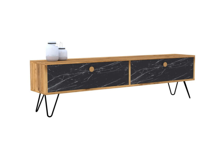 Comoda TV Salvador, Model Side, 160x45x29.6 cm, Pin atlantic/Negru marmorat