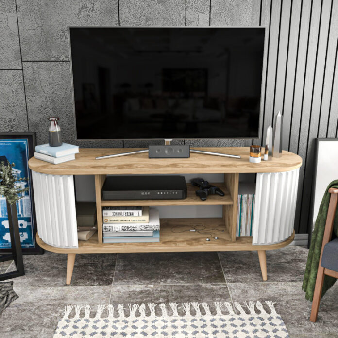 Comoda TV Salvador, Model Stor, 140x64x43 cm, Stejar/Alb Comoda TV Salvador, Model Stor, 140x64x43 cm, Stejar/Alb