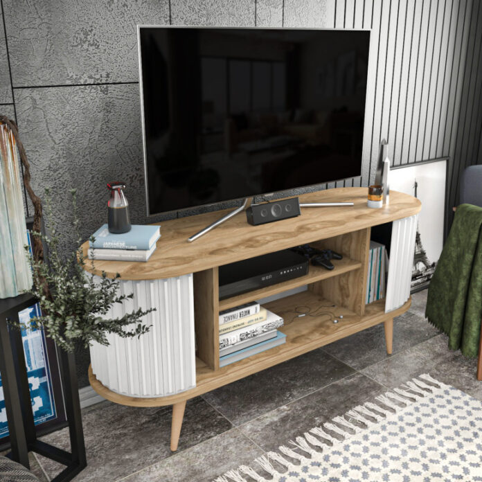 Comoda TV Salvador, Model Stor, 140x64x43 cm, Stejar/Alb Comoda TV Salvador, Model Stor, 140x64x43 cm, Stejar/Alb