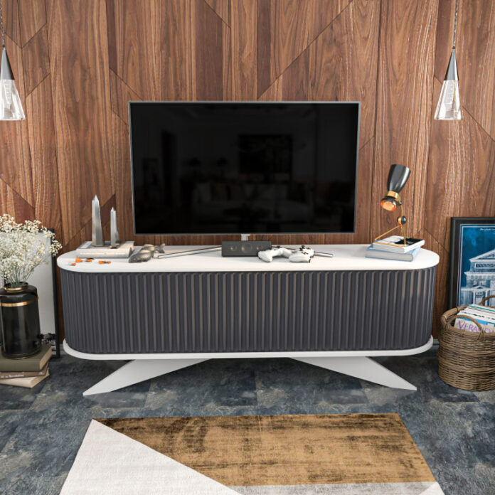 Comoda TV Salvador, Model Stor, 180x60x43 cm, Antracit/Alb Comoda TV Salvador, Model Stor, 180x60x43 cm, Antracit/Alb