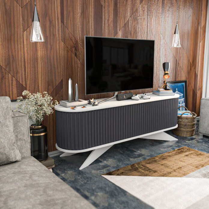 Comoda TV Salvador, Model Stor, 180x60x43 cm, Antracit/Alb Comoda TV Salvador, Model Stor, 180x60x43 cm, Antracit/Alb