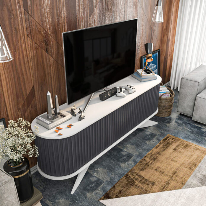 Comoda TV Salvador, Model Stor, 180x60x43 cm, Antracit/Alb Comoda TV Salvador, Model Stor, 180x60x43 cm, Antracit/Alb