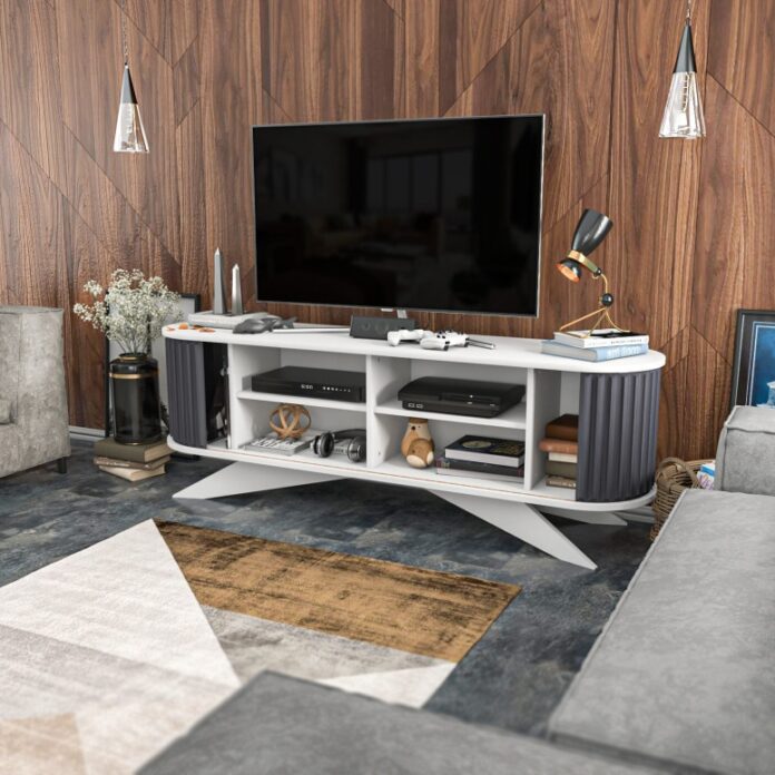 Comoda TV Salvador, Model Stor, 180x60x43 cm, Antracit/Alb Comoda TV Salvador, Model Stor, 180x60x43 cm, Antracit/Alb
