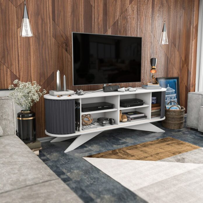 Comoda TV Salvador, Model Stor, 180x60x43 cm, Antracit/Alb Comoda TV Salvador, Model Stor, 180x60x43 cm, Antracit/Alb