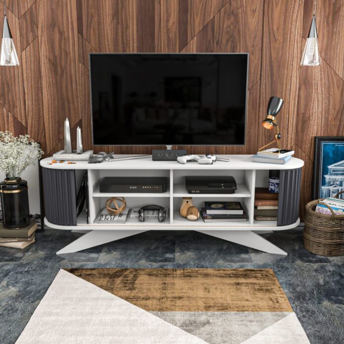 Comoda TV Salvador, Model Stor, 180x60x43 cm, Antracit/Alb Comoda TV Salvador, Model Stor, 180x60x43 cm, Antracit/Alb