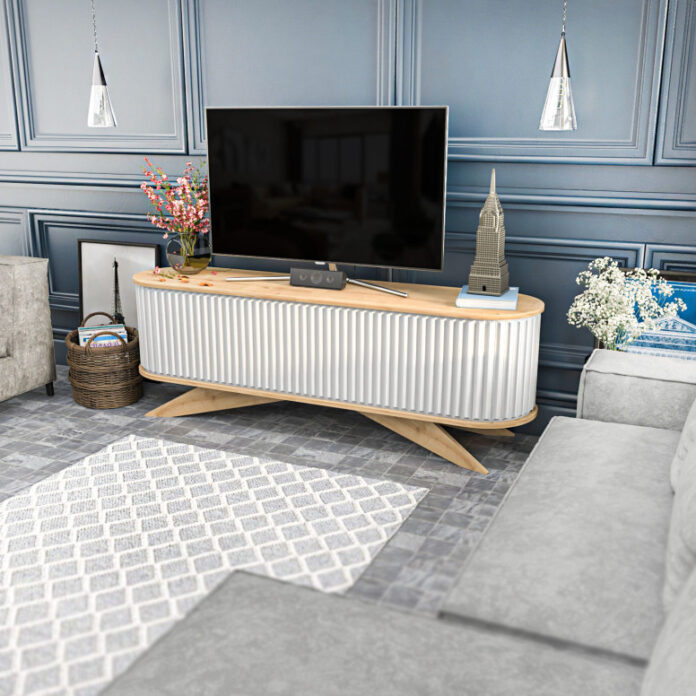 Comoda TV Salvador, Model Stor, 180x60x43 cm, Stejar safir/Alb Comoda TV Salvador, Model Stor, 180x60x43 cm, Stejar safir/Alb