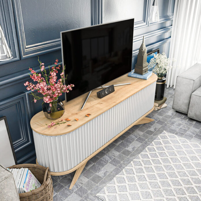 Comoda TV Salvador, Model Stor, 180x60x43 cm, Stejar safir/Alb Comoda TV Salvador, Model Stor, 180x60x43 cm, Stejar safir/Alb