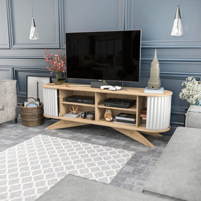 Comoda TV Salvador, Model Stor, 180x60x43 cm, Stejar safir/Alb Comoda TV Salvador, Model Stor, 180x60x43 cm, Stejar safir/Alb
