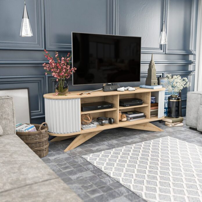 Comoda TV Salvador, Model Stor, 180x60x43 cm, Stejar safir/Alb Comoda TV Salvador, Model Stor, 180x60x43 cm, Stejar safir/Alb