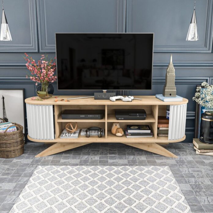 Comoda TV Salvador, Model Stor, 180x60x43 cm, Stejar safir/Alb Comoda TV Salvador, Model Stor, 180x60x43 cm, Stejar safir/Alb