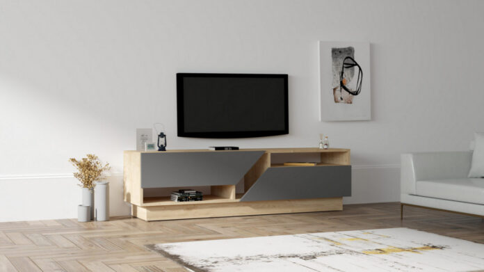 Comoda TV Salvador, Model Yaprak, 160x45x10 cm, Stejar safir/gri Comoda TV Salvador, Model Yaprak, 160x45x10 cm, Stejar safir/gri
