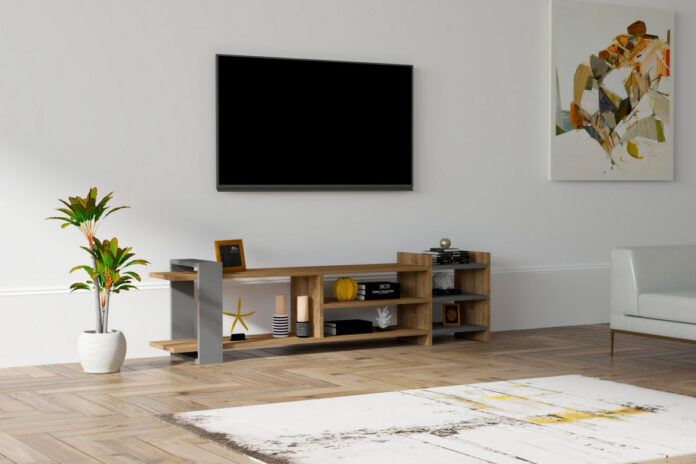 Comoda TV Salvador, Model Zeyna, 156x40x29.6 cm, Stejar/Gri Comoda TV Salvador, Model Zeyna, 156x40x29.6 cm, Stejar/Gri
