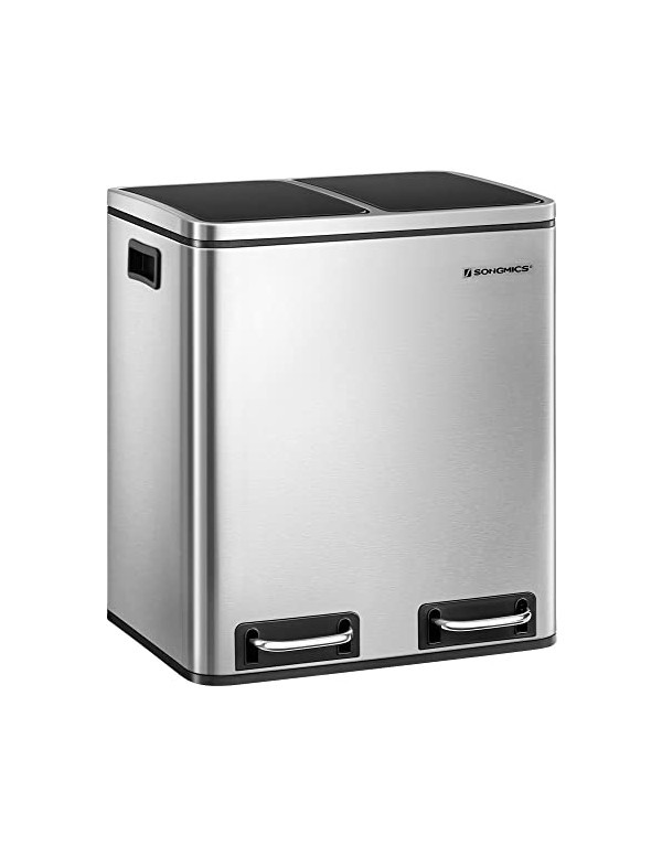 Cos de reciclare, Songmics, 2 x 15L, manere interioare, Argintiu / Negru, LTB30H Cos de reciclare, Songmics, 2 x 15L, manere interioare, Argintiu / Negru, LTB30H
