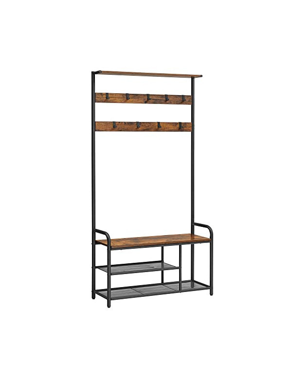Cuier cu bancuta si suport pantofi Model Benjamin, Maro Rustic/Negru, 85x30x180.5 cm Cuier cu bancuta si suport pantofi Model Benjamin, Maro Rustic/Negru, 85x30x180.5 cm