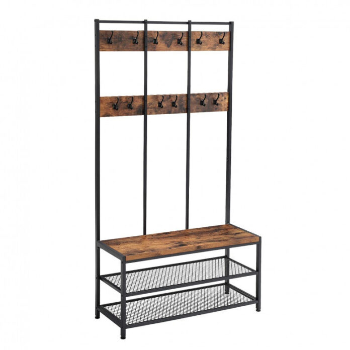Cuier cu bancuta si suport pantofi Model Carr, Maro Rustic/Negru, 100x40x184 cm Cuier cu bancuta si suport pantofi Model Carr, Maro Rustic/Negru, 100x40x184 cm