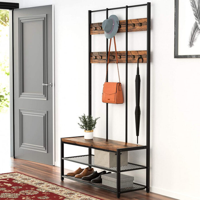 Cuier cu bancuta si suport pantofi Model Carr, Maro Rustic/Negru, 100x40x184 cm Cuier cu bancuta si suport pantofi Model Carr, Maro Rustic/Negru, 100x40x184 cm