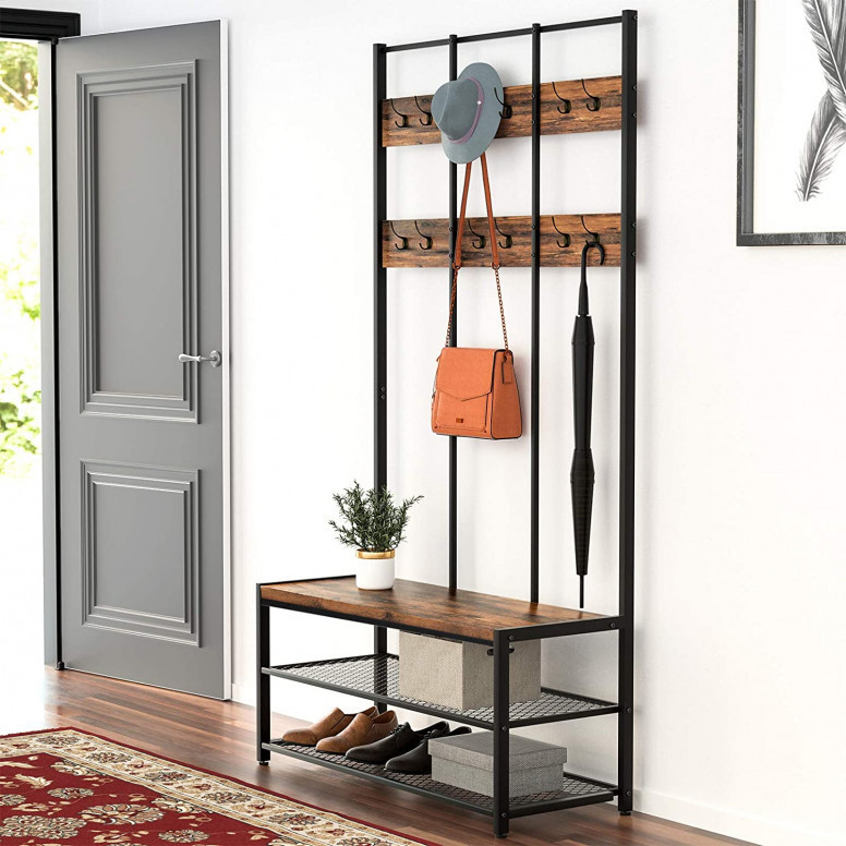 Cuier cu bancuta si suport pantofi Model Carr, Maro Rustic/Negru, 100x40x184 cm Cuier cu bancuta si suport pantofi Model Carr, Maro Rustic/Negru, 100x40x184 cm