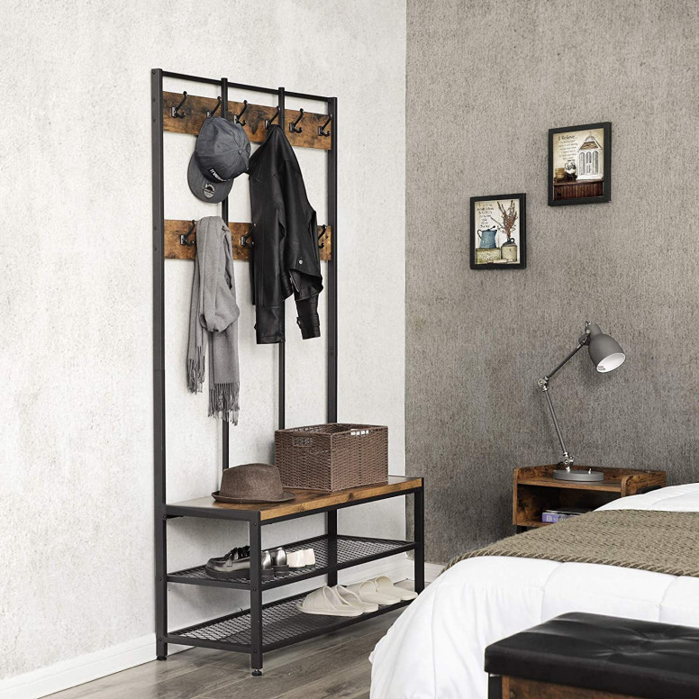 Cuier cu bancuta si suport pantofi Model Carr, Maro Rustic/Negru, 100x40x184 cm Cuier cu bancuta si suport pantofi Model Carr, Maro Rustic/Negru, 100x40x184 cm