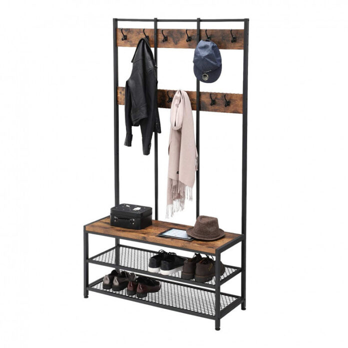 Cuier cu bancuta si suport pantofi Model Carr, Maro Rustic/Negru, 100x40x184 cm Cuier cu bancuta si suport pantofi Model Carr, Maro Rustic/Negru, 100x40x184 cm