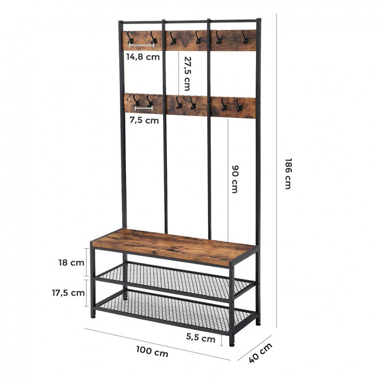 Cuier cu bancuta si suport pantofi Model Carr, Maro Rustic/Negru, 100x40x184 cm Cuier cu bancuta si suport pantofi Model Carr, Maro Rustic/Negru, 100x40x184 cm