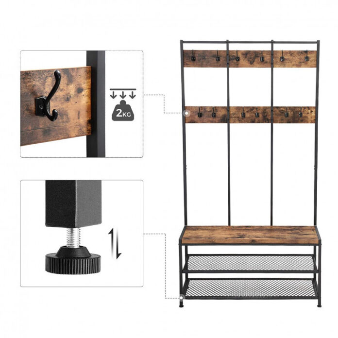 Cuier cu bancuta si suport pantofi Model Carr, Maro Rustic/Negru, 100x40x184 cm Cuier cu bancuta si suport pantofi Model Carr, Maro Rustic/Negru, 100x40x184 cm