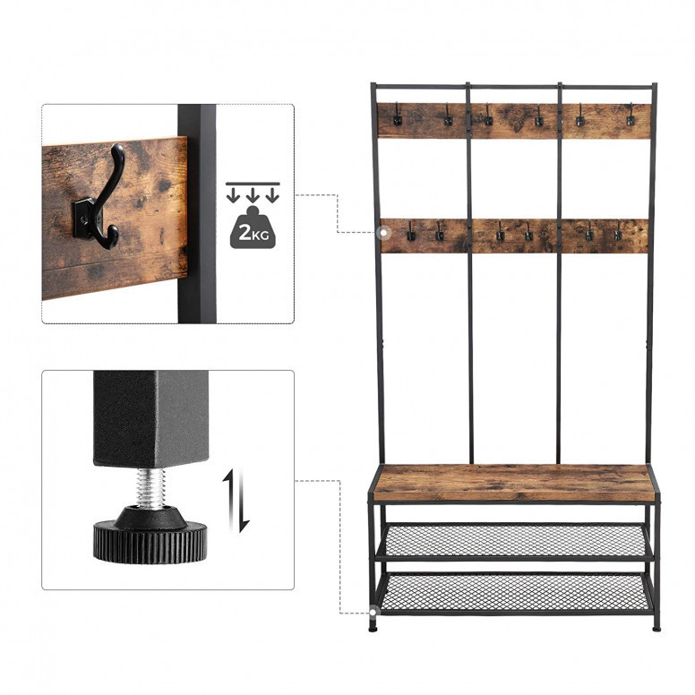 Cuier cu bancuta si suport pantofi Model Carr, Maro Rustic/Negru, 100x40x184 cm Cuier cu bancuta si suport pantofi Model Carr, Maro Rustic/Negru, 100x40x184 cm