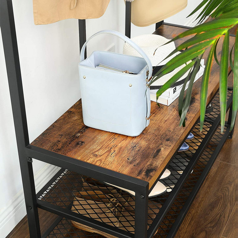 Cuier cu bancuta si suport pantofi Model Carr, Maro Rustic/Negru, 100x40x184 cm Cuier cu bancuta si suport pantofi Model Carr, Maro Rustic/Negru, 100x40x184 cm
