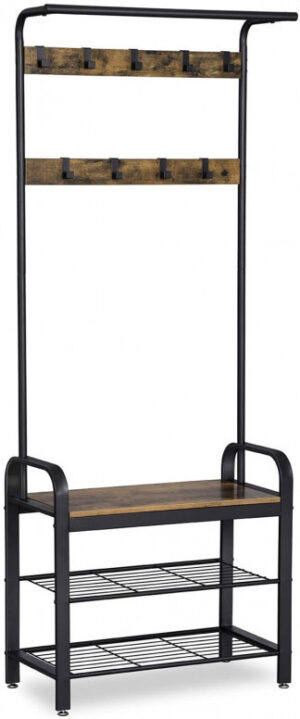 Cuier cu bancuta si suport pantofi Model Clay, Maro Rustic/Negru, 183x72x33.7 cm Cuier cu bancuta si suport pantofi Model Clay, Maro Rustic/Negru, 183x72x33.7 cm