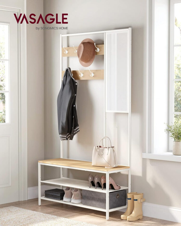 Cuier cu bancuta si suport pantofi Model Glass, Natur/Alb, 98×35×180 cm Cuier cu bancuta si suport pantofi Model Glass, Natur/Alb, 98×35×180 cm