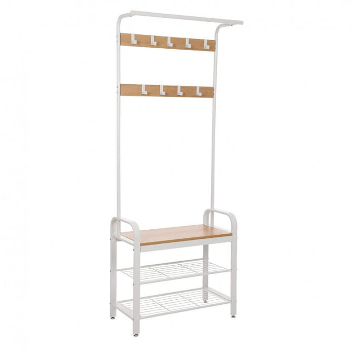 Cuier cu bancuta si suport pantofi Model Meyer, Stejar/Crem, 183x72x33.7 cm Cuier cu bancuta si suport pantofi Model Meyer, Stejar/Crem, 183x72x33.7 cm