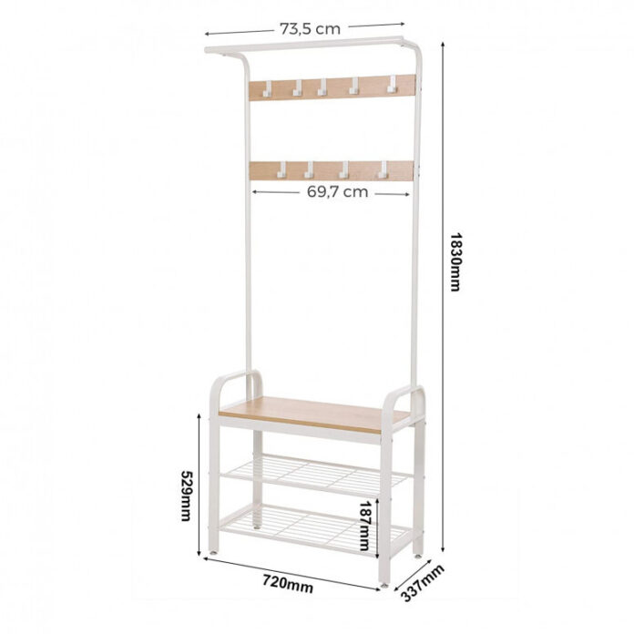 Cuier cu bancuta si suport pantofi Model Meyer, Stejar/Crem, 183x72x33.7 cm Cuier cu bancuta si suport pantofi Model Meyer, Stejar/Crem, 183x72x33.7 cm