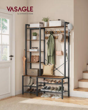 Cuier cu bancuta si suport pantofi Model Murphy, Maro Rustic/Negru, 120x40x190 cm Cuier cu bancuta si suport pantofi Model Murphy, Maro Rustic/Negru, 120x40x190 cm