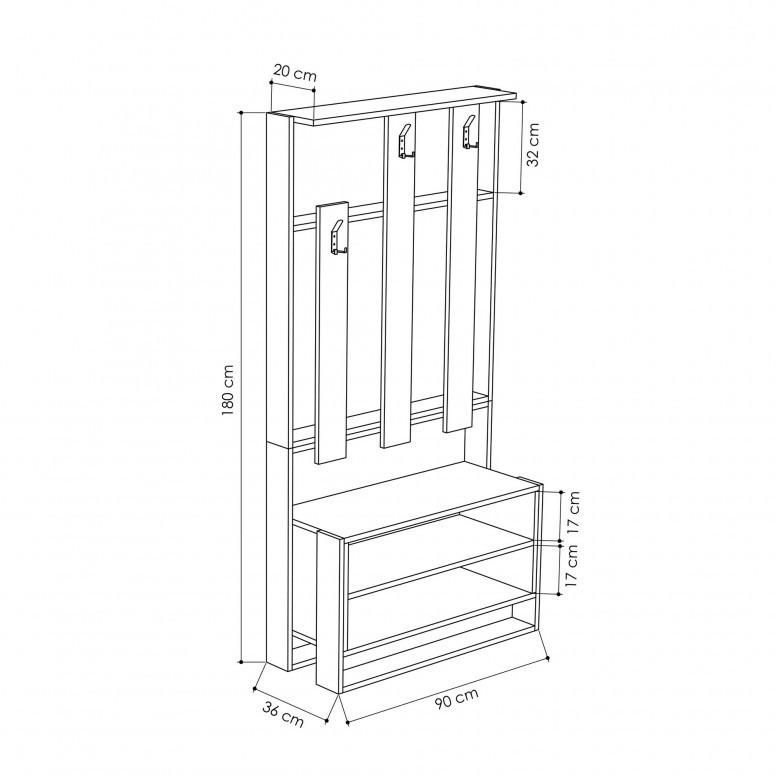 Cuier cu pantofar Model Chester, Alb/Stejar, 90x36x180 cm Cuier cu pantofar Model Chester, Alb/Stejar, 90x36x180 cm