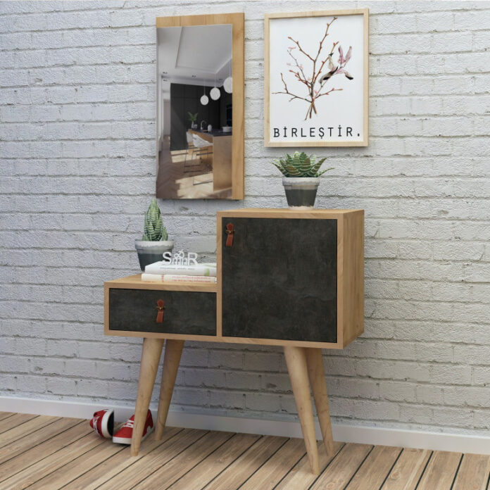 Cuier de hol cu dulap Model Janna, Stejar/Gri inchis, 80x40x80 cm Cuier de hol cu dulap Model Janna, Stejar/Gri inchis, 80x40x80 cm