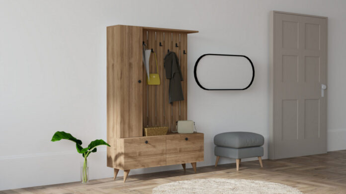 Cuier de hol cu dulap Model Lala, Nuc, 112x35x170 cm Cuier de hol cu dulap Model Lala, Nuc, 112x35x170 cm