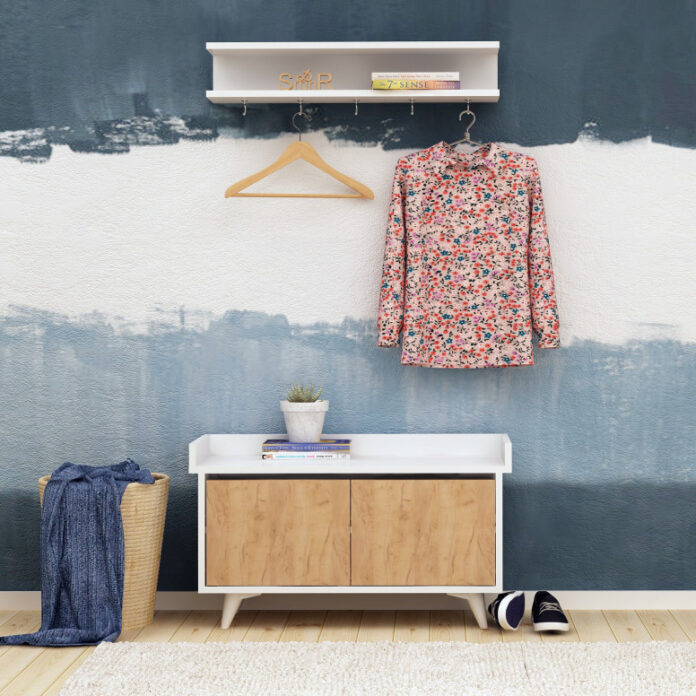Cuier de hol cu dulap Model Stato, Stejar/Alb, 90x35x60 cm Cuier de hol cu dulap Model Stato, Stejar/Alb, 90x35x60 cm