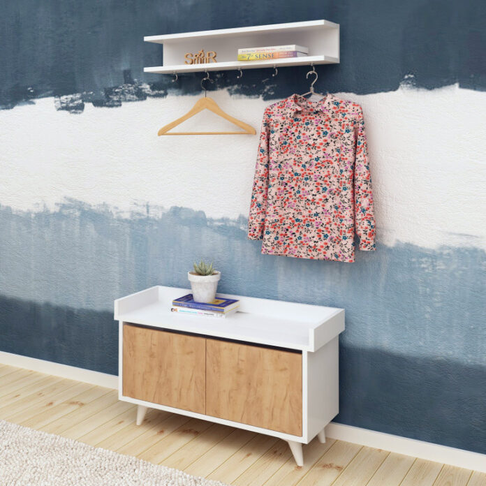 Cuier de hol cu dulap Model Stato, Stejar/Alb, 90x35x60 cm Cuier de hol cu dulap Model Stato, Stejar/Alb, 90x35x60 cm