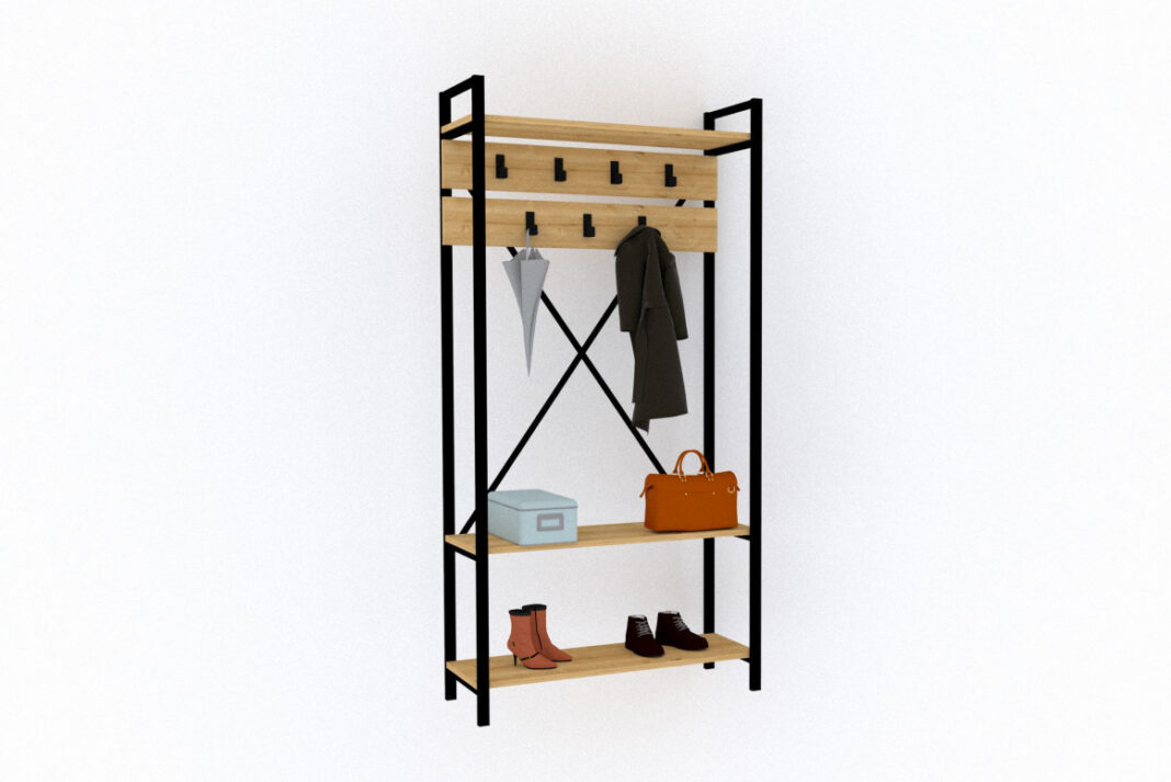Cuier haine cu rafturi Model Alfa, Stejar, 90x34x180 cm