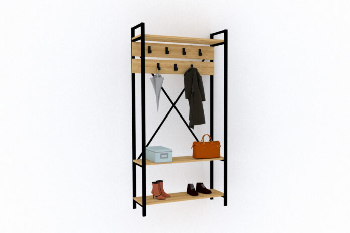 Cuier haine cu rafturi Model Alfa, Stejar, 90x34x180 cm