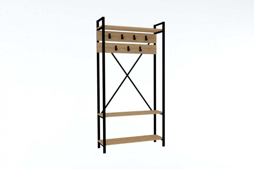 Cuier haine cu rafturi Model Alfa, Stejar, 90x34x180 cm