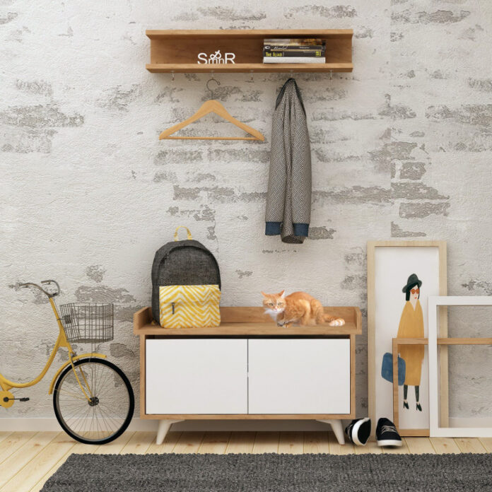 Cuier hol cu dulap Model Arasso, Stejar/Alb, 90x35x60 cm Cuier hol cu dulap Model Arasso, Stejar/Alb, 90x35x60 cm