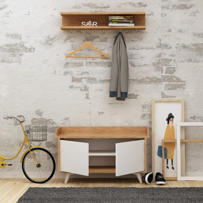 Cuier hol cu dulap Model Arasso, Stejar/Alb, 90x35x60 cm Cuier hol cu dulap Model Arasso, Stejar/Alb, 90x35x60 cm