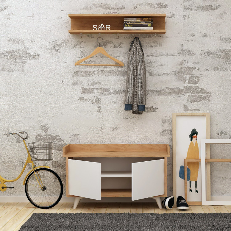 Cuier hol cu dulap Model Arasso, Stejar/Alb, 90x35x60 cm Cuier hol cu dulap Model Arasso, Stejar/Alb, 90x35x60 cm