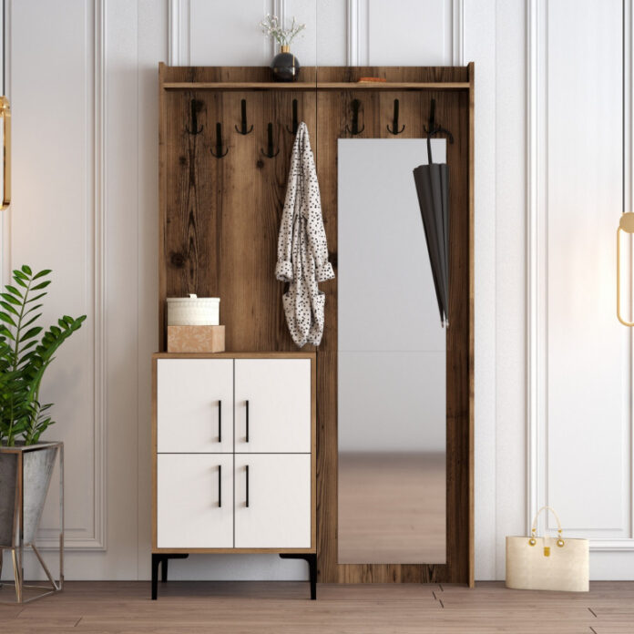 Cuier hol cu dulap Model Berlin, Nuc/Alb, 120x35x200 cm Cuier hol cu dulap Model Berlin, Nuc/Alb, 120x35x200 cm