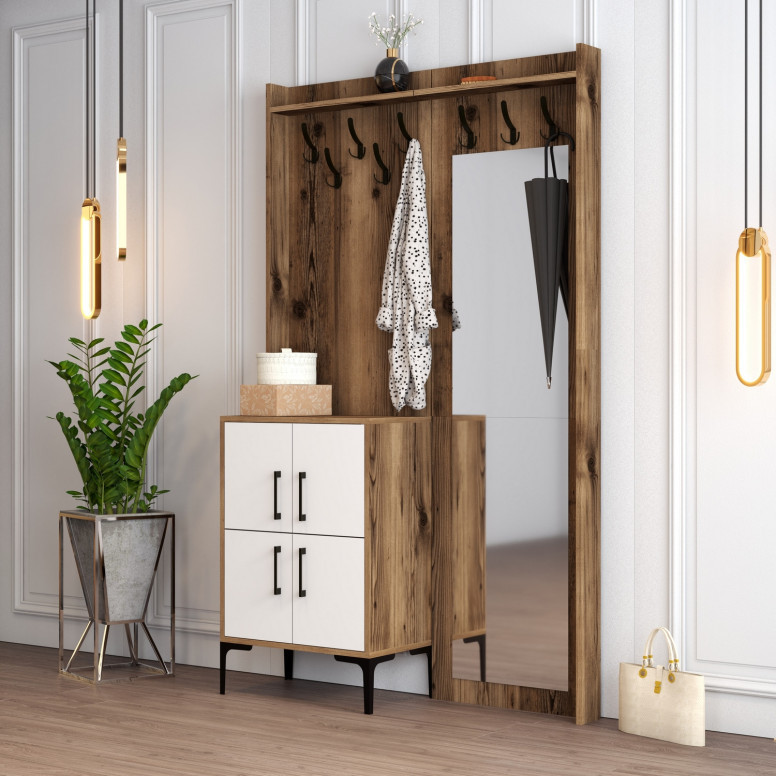 Cuier hol cu dulap Model Berlin, Nuc/Alb, 120x35x200 cm Cuier hol cu dulap Model Berlin, Nuc/Alb, 120x35x200 cm