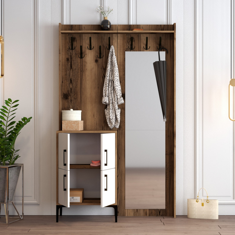 Cuier hol cu dulap Model Berlin, Nuc/Alb, 120x35x200 cm Cuier hol cu dulap Model Berlin, Nuc/Alb, 120x35x200 cm