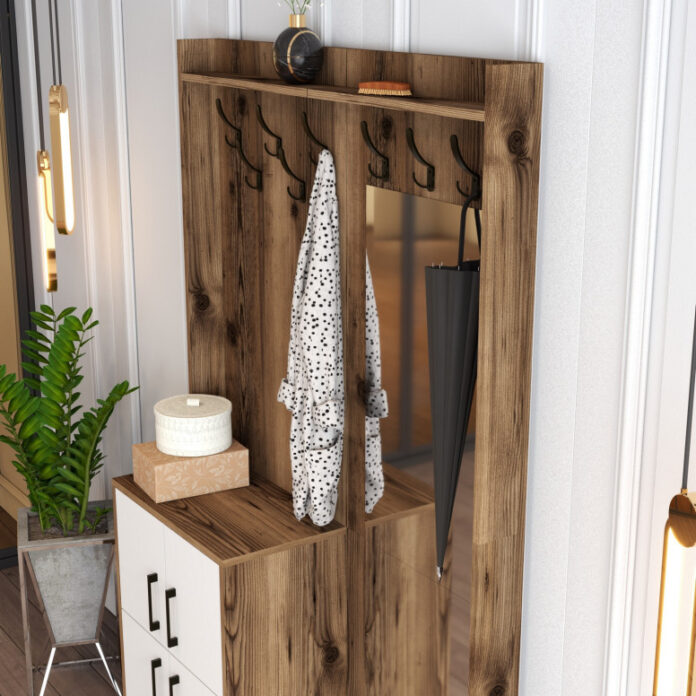 Cuier hol cu dulap Model Berlin, Nuc/Alb, 120x35x200 cm Cuier hol cu dulap Model Berlin, Nuc/Alb, 120x35x200 cm